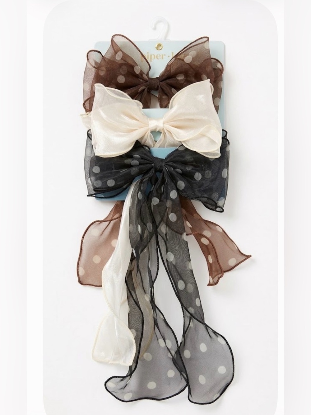 NWT ⚜️🖤⚜️ Piper K Polka Dot Ribbon Hair Bows with Long Tails Sheer Organza